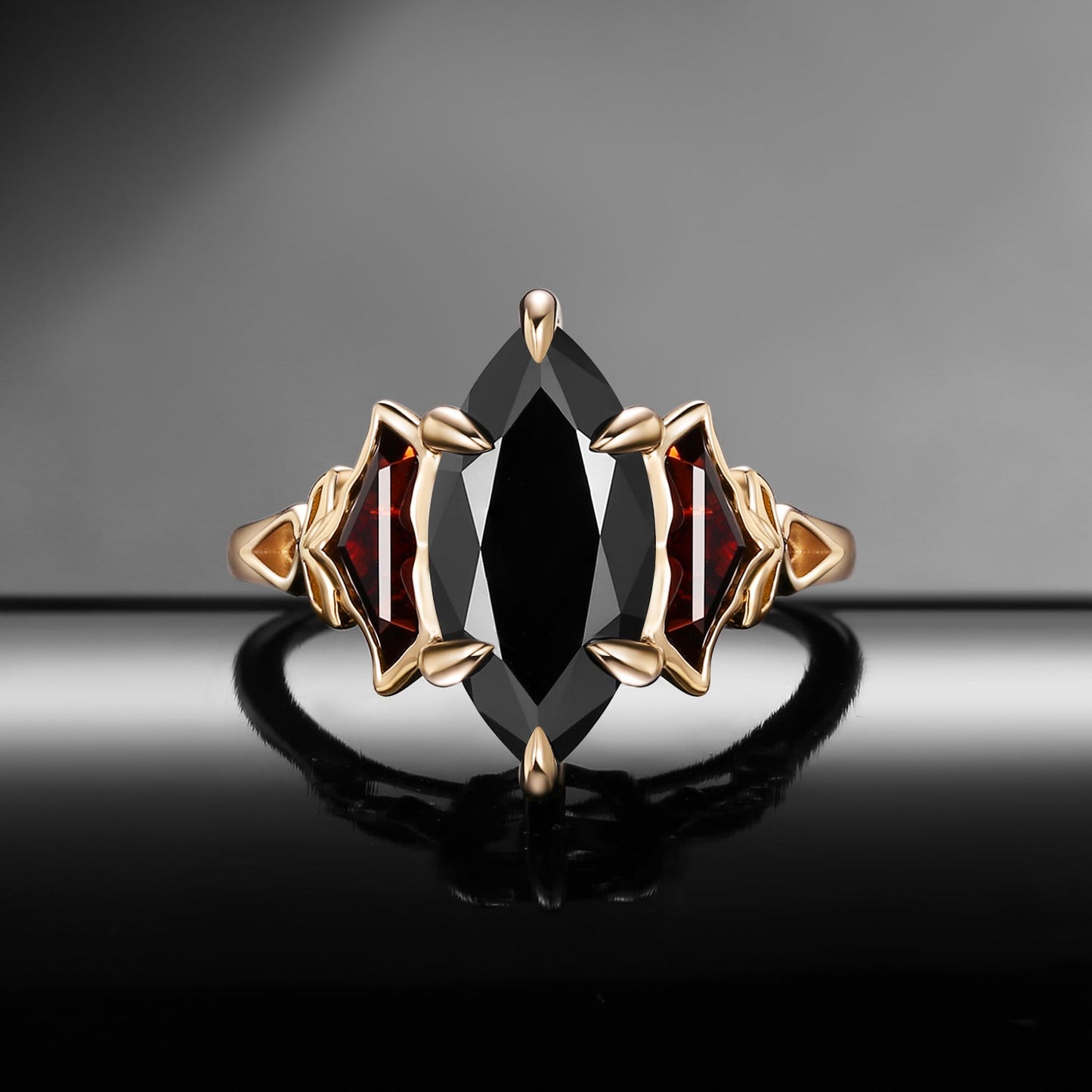 'The Winged Guardian' - Gothic Marquise Cut Black Moissanite Engagement Ring with Bat Wing Shaped Accent Stones