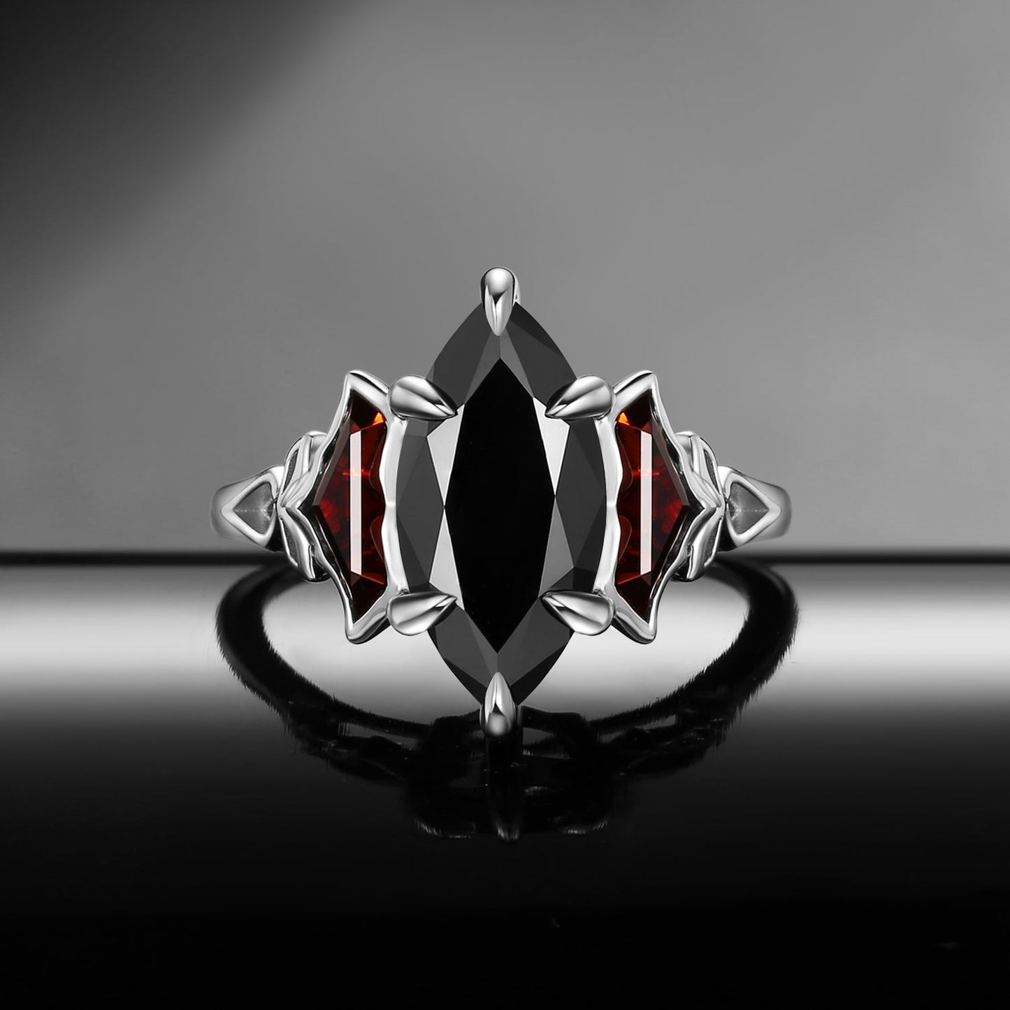 'The Winged Guardian' - Gothic Marquise Cut Black Moissanite Engagement Ring with Bat Wing Shaped Accent Stones