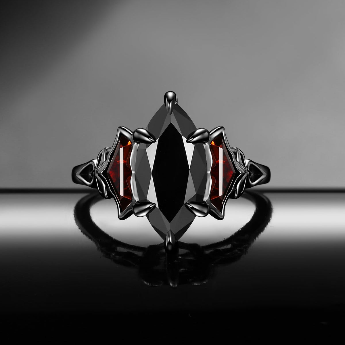 'The Winged Guardian' - Gothic Marquise Cut Black Moissanite Engagement Ring with Bat Wing Shaped Accent Stones