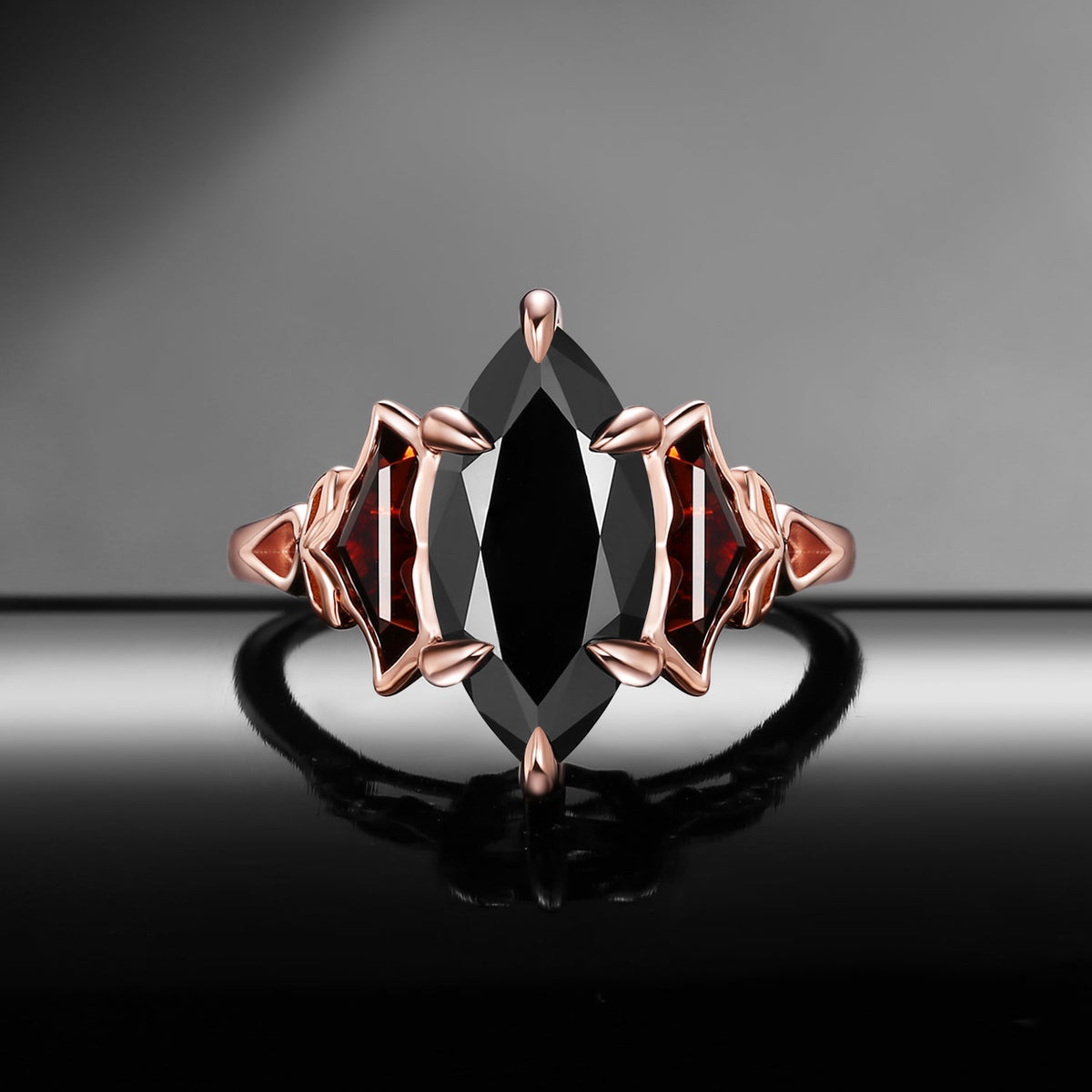 'The Winged Guardian' - Gothic Marquise Cut Black Moissanite Engagement Ring with Bat Wing Shaped Accent Stones