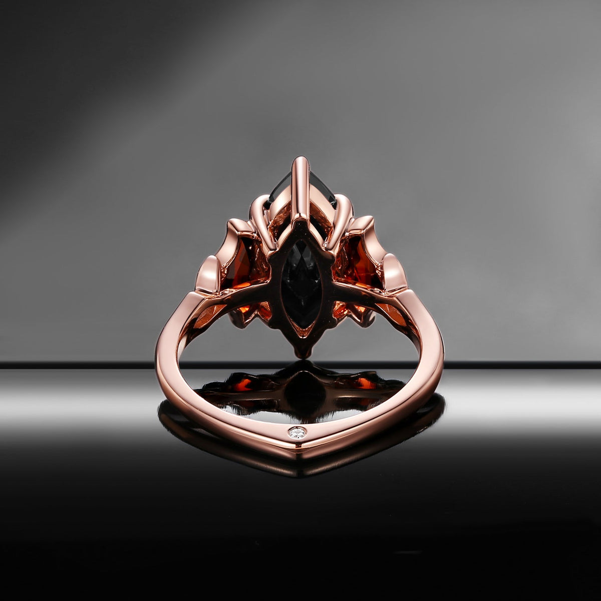'The Winged Guardian' - Gothic Marquise Cut Black Moissanite Engagement Ring with Bat Wing Shaped Accent Stones