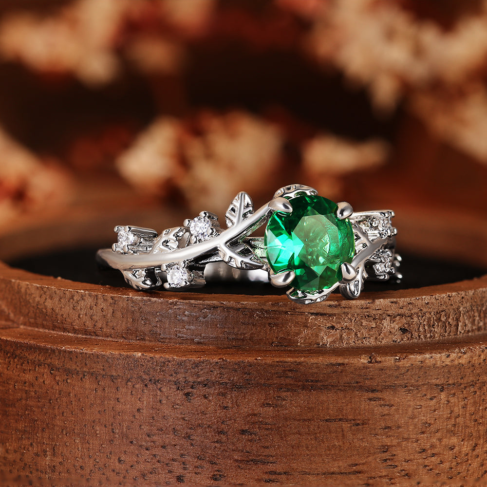 Nature Inspired Tree Branch 0.9CT Round Cut Lab Emerald Vine Leaf Engagement Ring