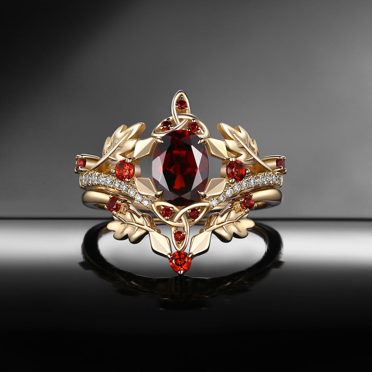 Celtic Calendar | 12.24-1.20 | Oval Garnet Nature Inspired Birch Leafy Celtic Ring Set 2pcs