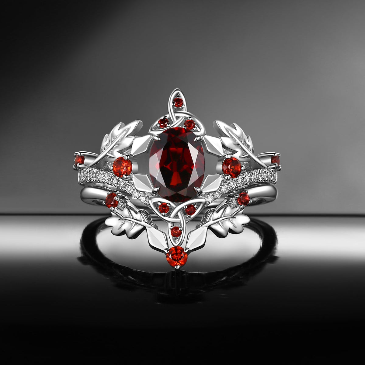 Celtic Calendar | 12.24-1.20 | Oval Garnet Nature Inspired Birch Leafy Celtic Ring Set 2pcs