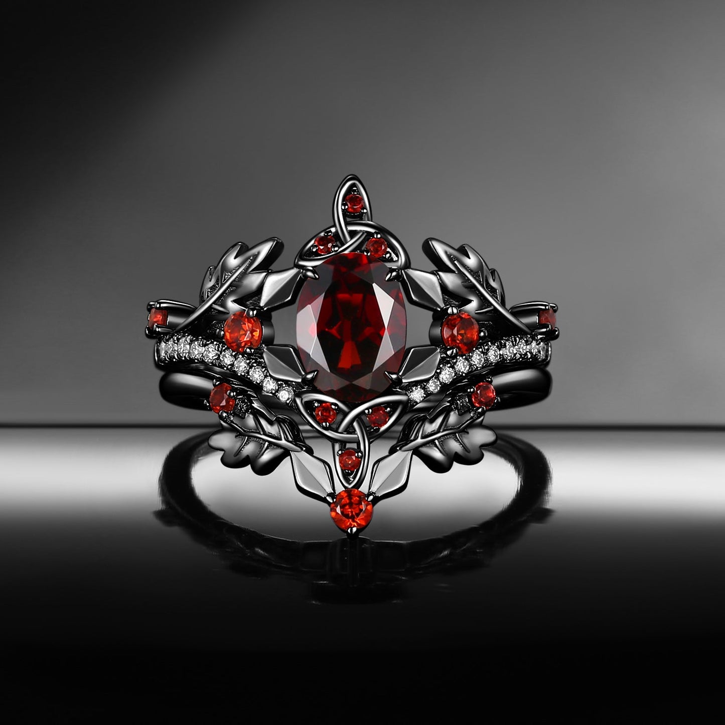 Celtic Calendar | 12.24-1.20 | Oval Garnet Nature Inspired Birch Leafy Celtic Ring Set 2pcs