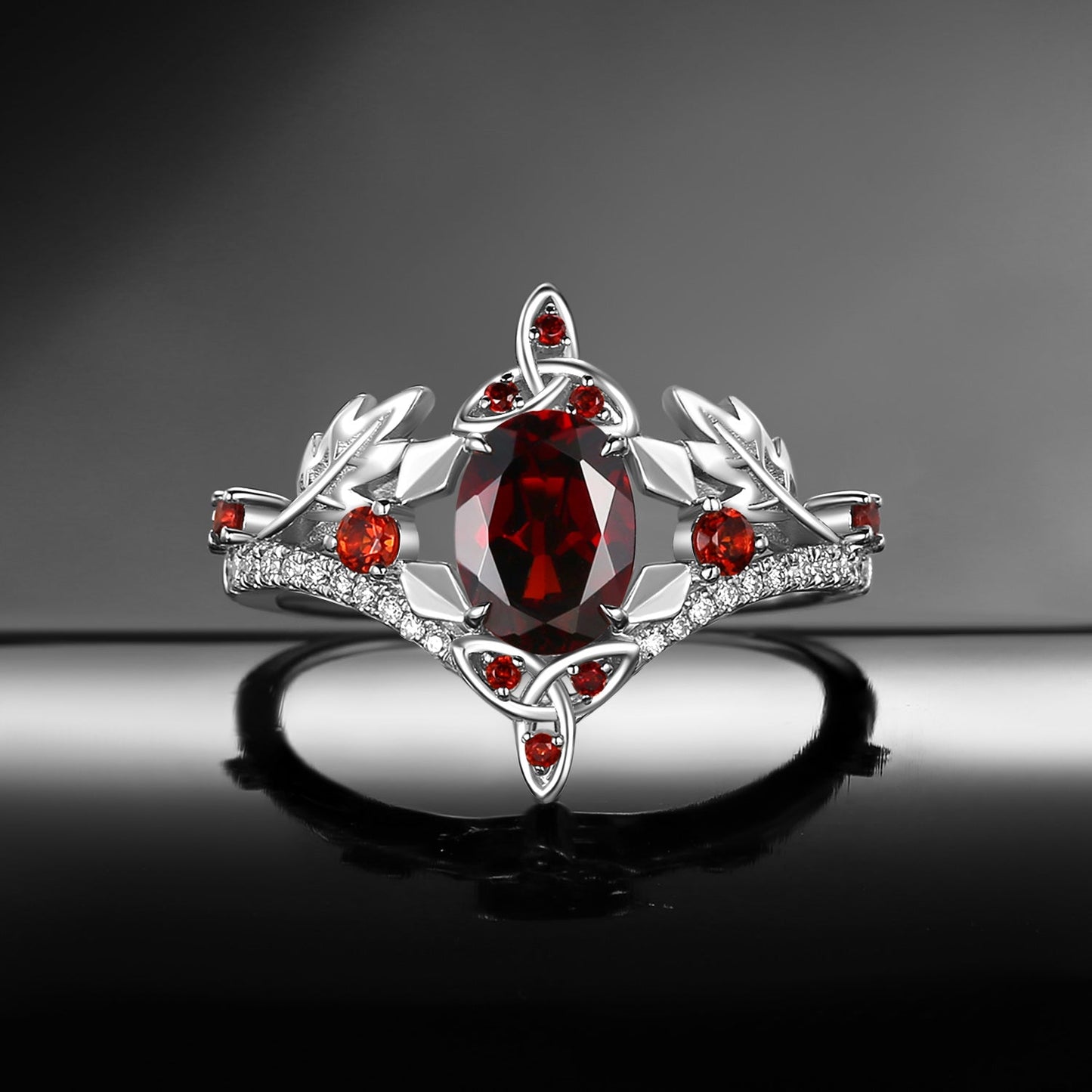 Celtic Calendar | 12.24-1.20 | Oval Garnet Nature Inspired Birch Leafy Celtic Ring