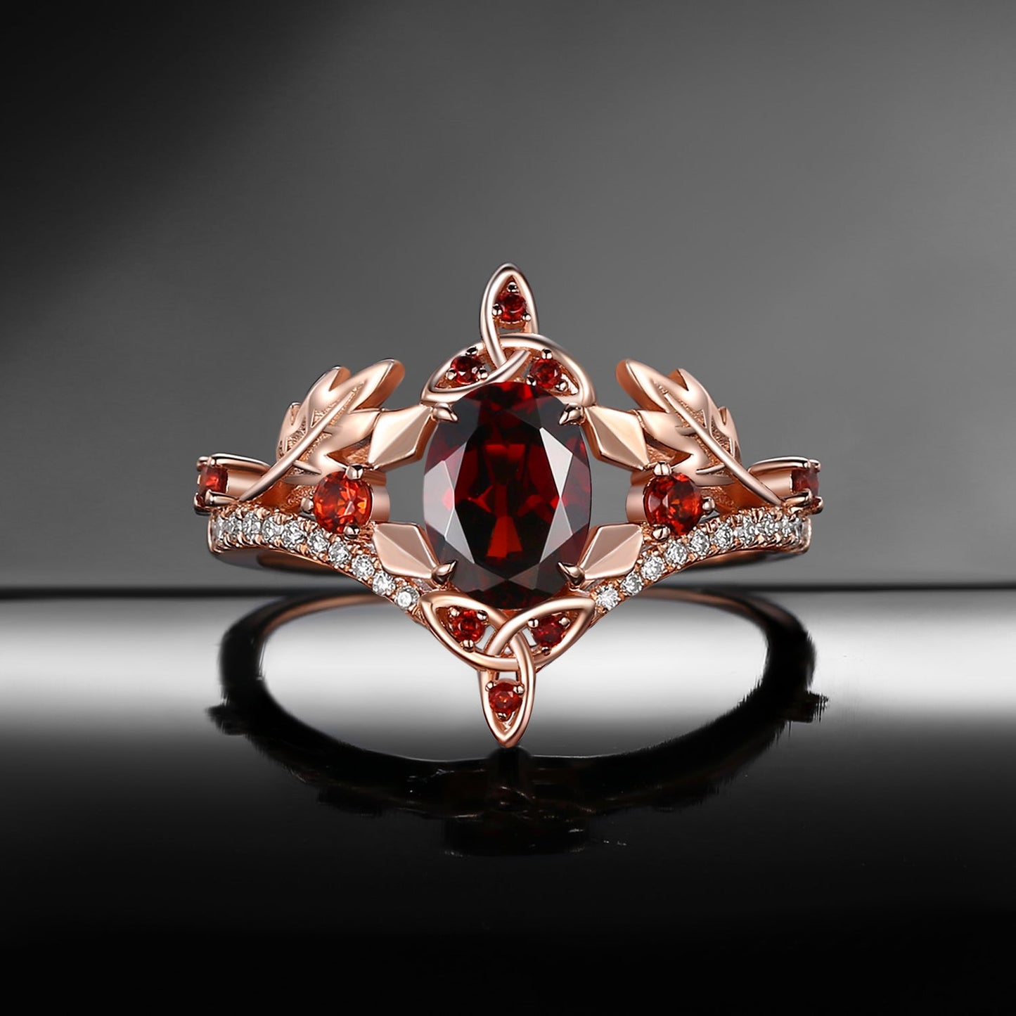 Celtic Calendar | 12.24-1.20 | Oval Garnet Nature Inspired Birch Leafy Celtic Ring