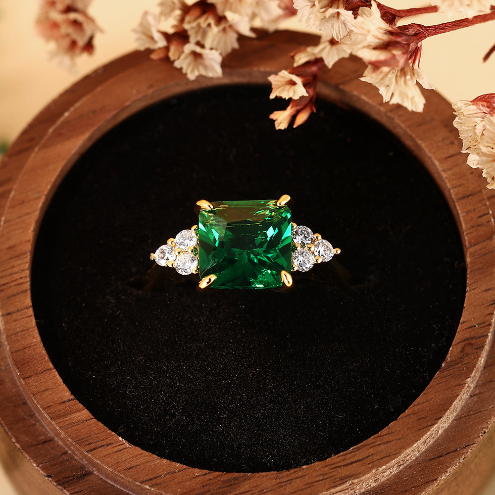 2.69CT Emerald Cut Lab Emerald with Cluster Accents Engagement Ring