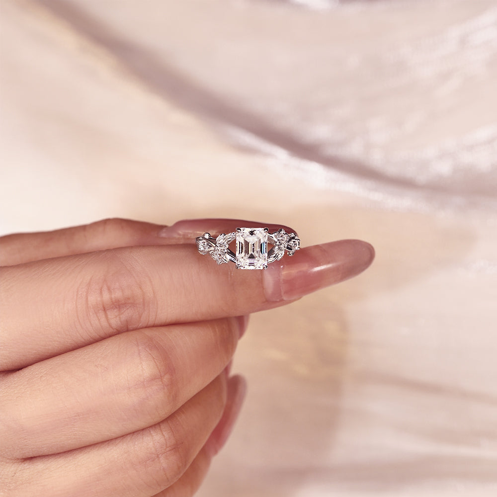 Vintage-Inspired 1.83ct Emerald Cut Moissanite Leaf Engagement Ring