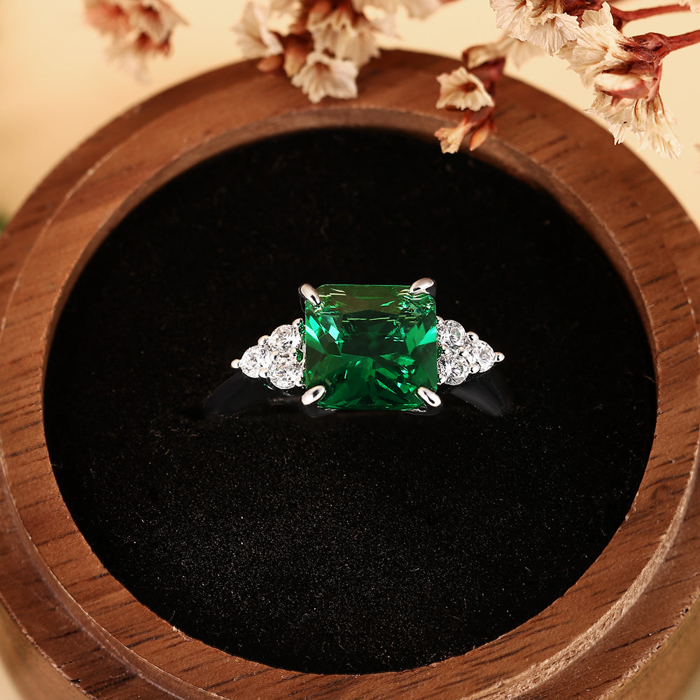 2.69CT Emerald Cut Lab Emerald with Cluster Accents Engagement Ring