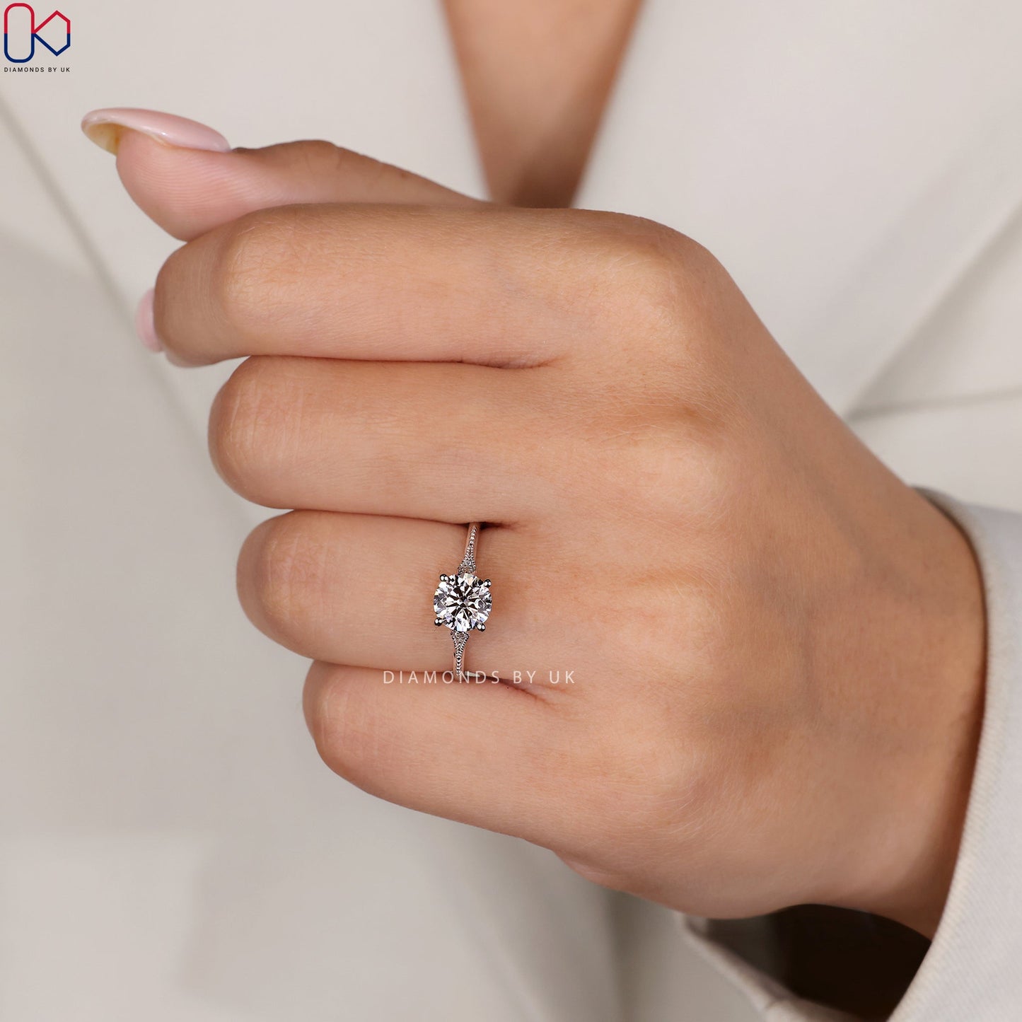 Round Diamond Engagement Ring In Milgrain Setting