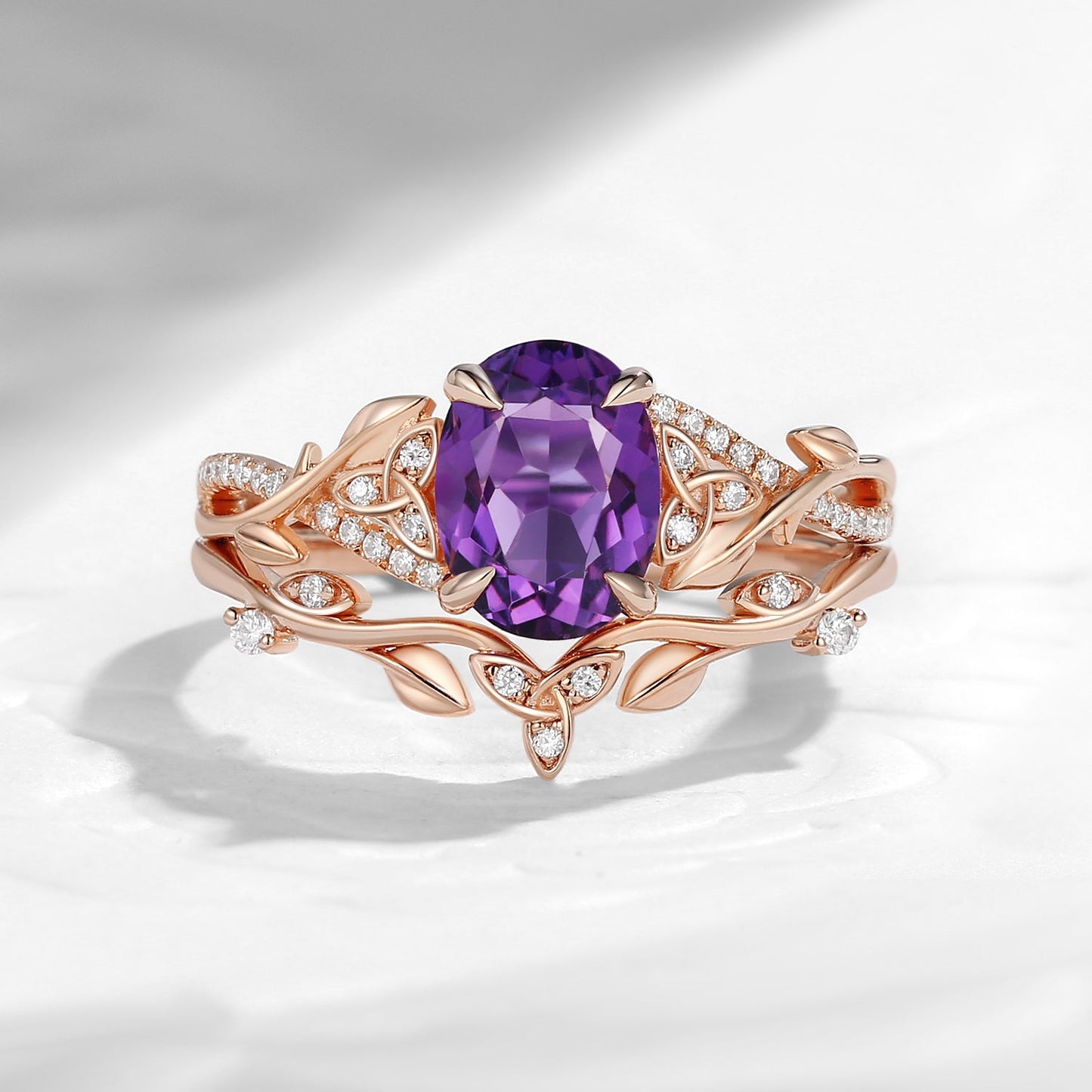 Celtic Calendar | 1.21-2.17 | Oval Amethyst Nature Inspired Rowan Leafy Infinity Celtic Ring Set 2pcs