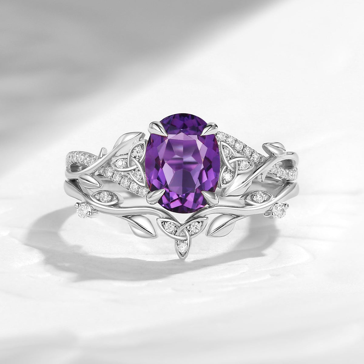 Celtic Calendar | 1.21-2.17 | Oval Amethyst Nature Inspired Rowan Leafy Infinity Celtic Ring Set 2pcs