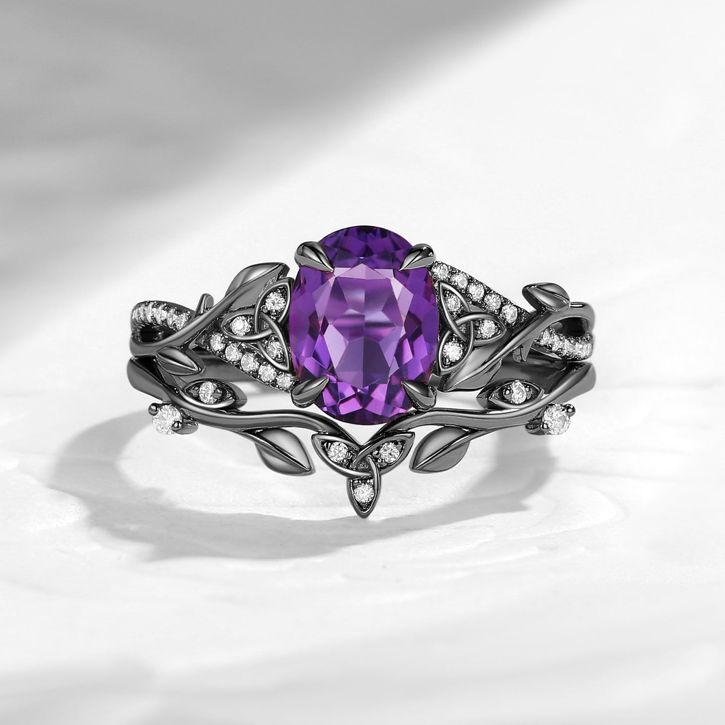 Celtic Calendar | 1.21-2.17 | Oval Amethyst Nature Inspired Rowan Leafy Infinity Celtic Ring Set 2pcs