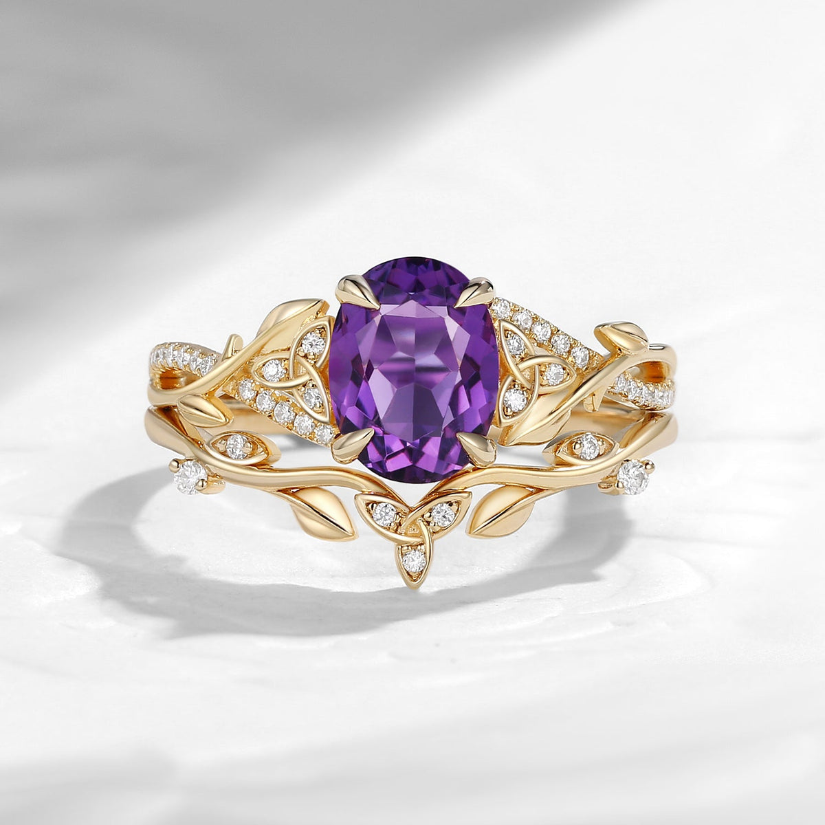 Celtic Calendar | 1.21-2.17 | Oval Amethyst Nature Inspired Rowan Leafy Infinity Celtic Ring Set 2pcs