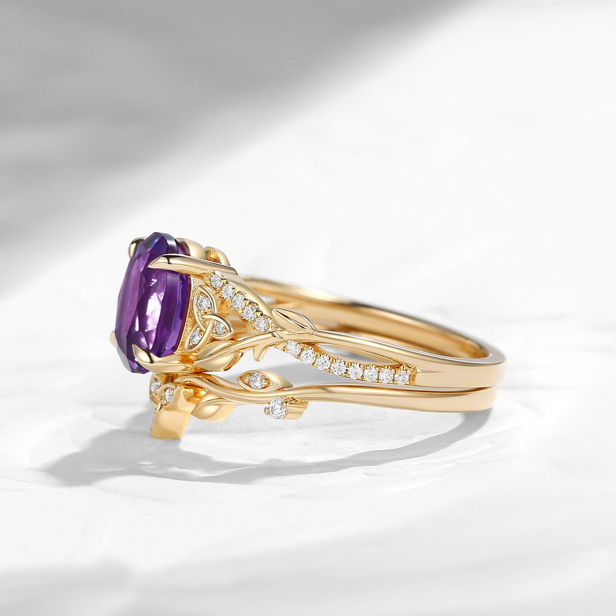Celtic Calendar | 1.21-2.17 | Oval Amethyst Nature Inspired Rowan Leafy Infinity Celtic Ring Set 2pcs