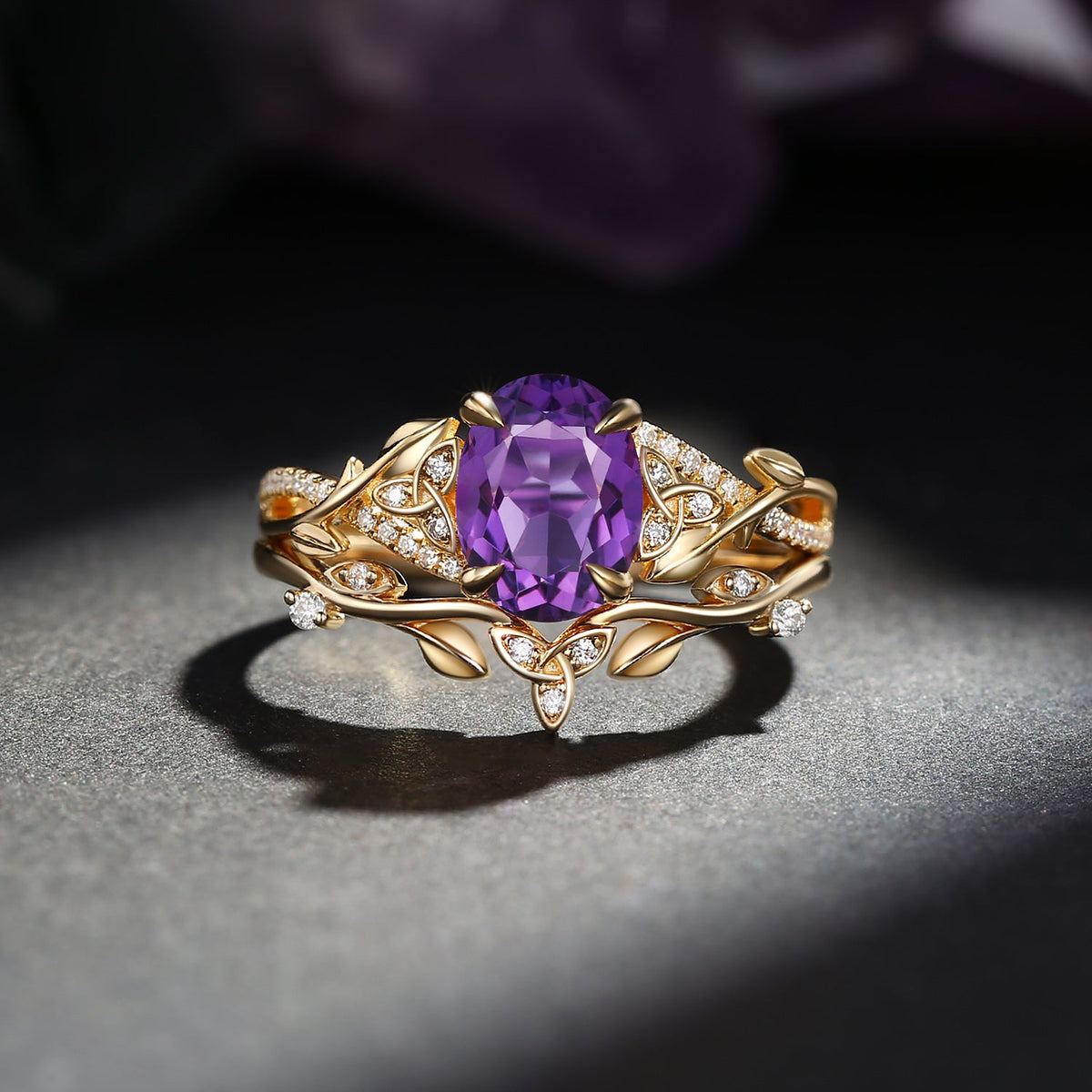 Celtic Calendar | 1.21-2.17 | Oval Amethyst Nature Inspired Rowan Leafy Infinity Celtic Ring Set 2pcs