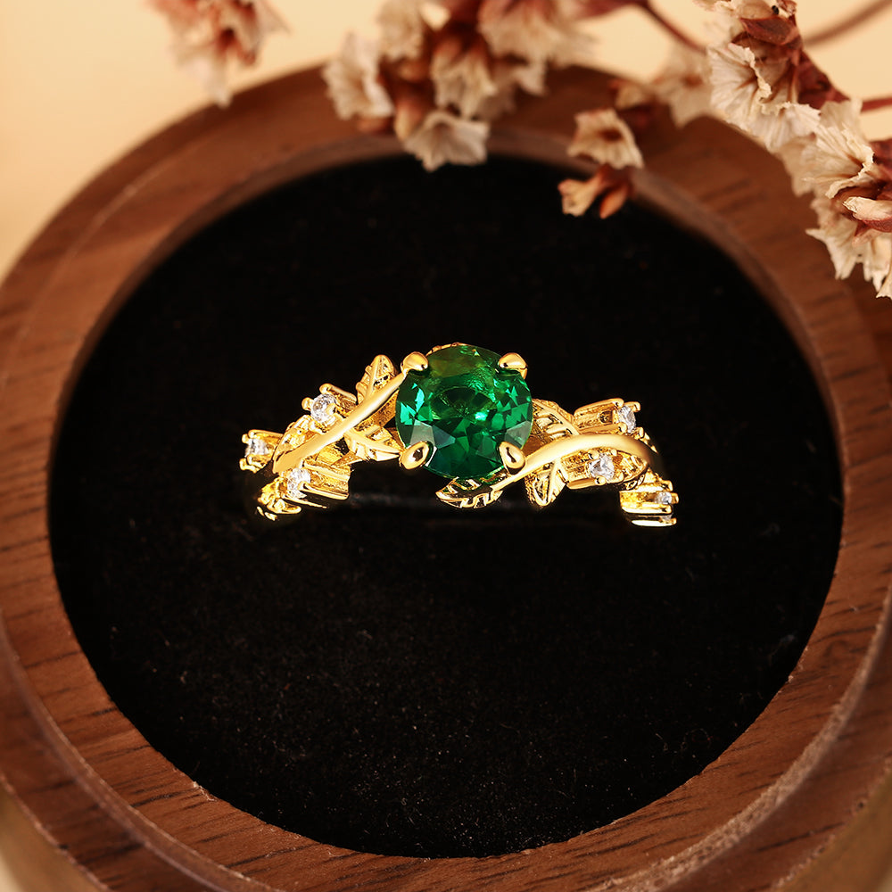 Nature Inspired Tree Branch 0.9CT Round Cut Lab Emerald Vine Leaf Engagement Ring