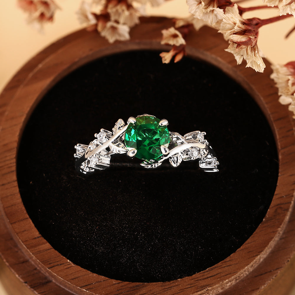 Nature Inspired Tree Branch 0.9CT Round Cut Lab Emerald Vine Leaf Engagement Ring