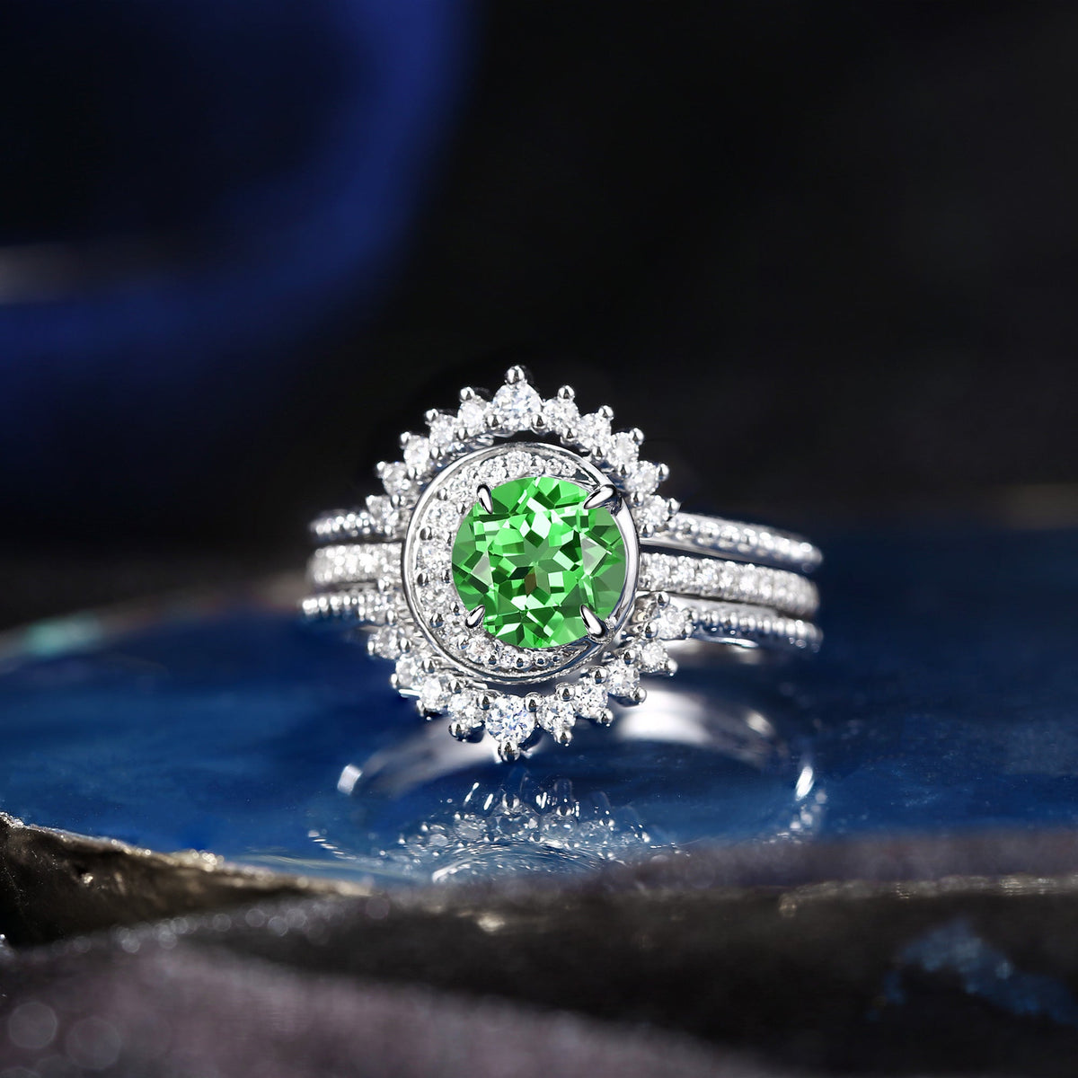 Crescent Moon | Round Lab Tsavorite Engagement Ring Set 3PCS - Full Moon