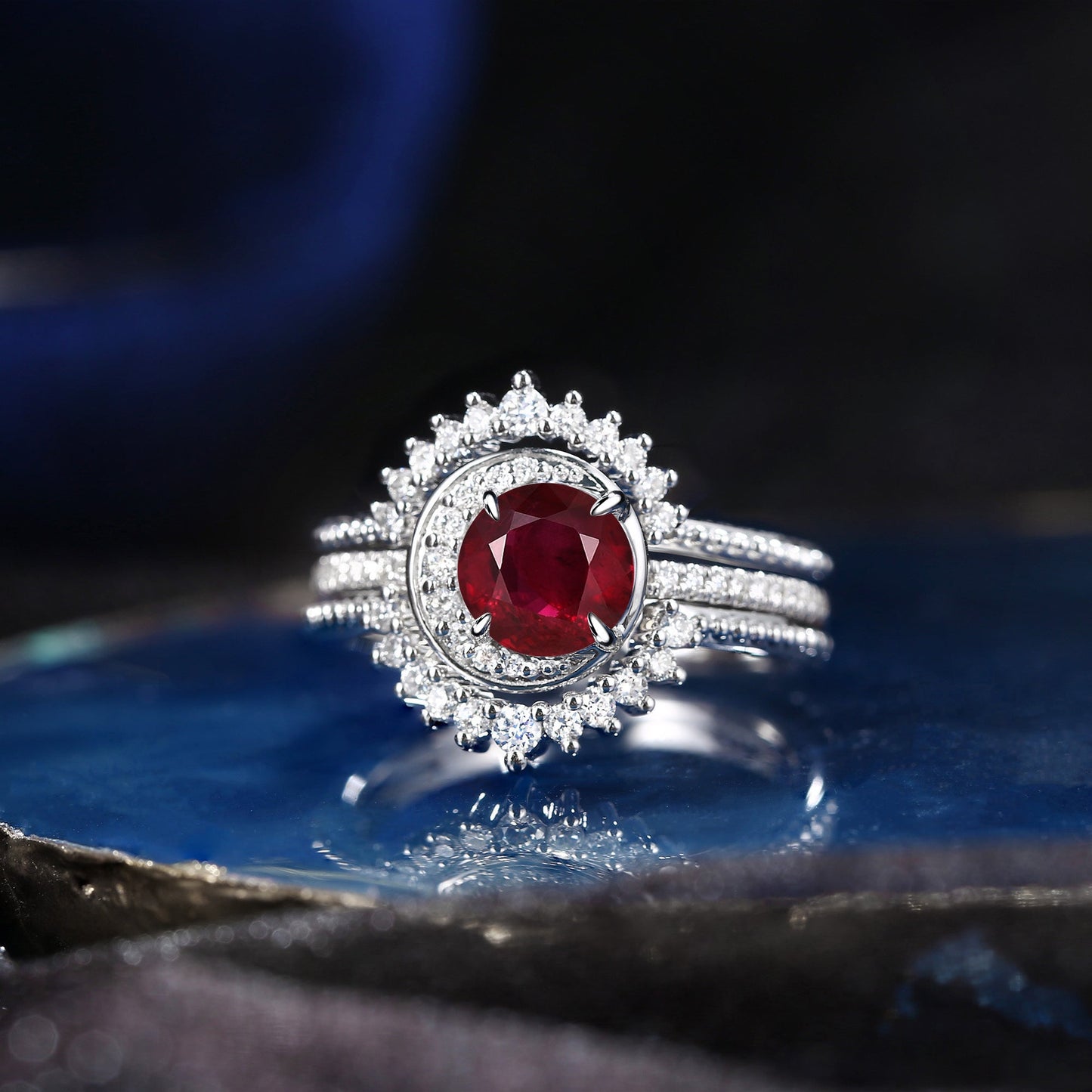 Crescent Moon | Unique Round Cut Natural Ruby Engagement Ring Set 3pcs - Full Moon