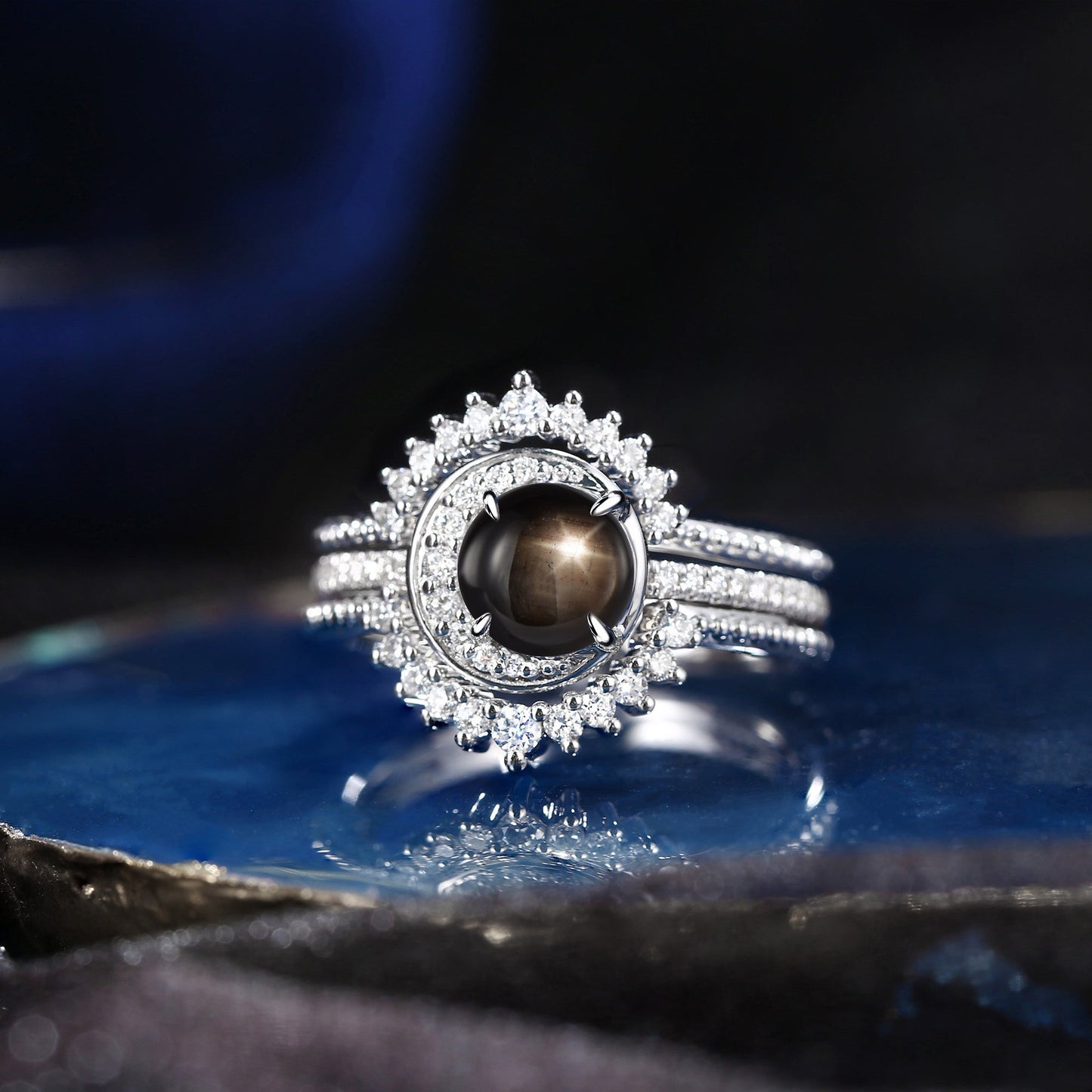 Crescent Moon | Unique Round Natural Black Star Sapphire Engagement Ring Set 3pcs - Full Moon
