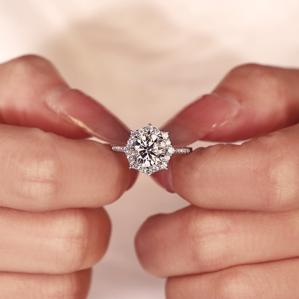 2.46ct Round Cut Moissanite Floral Snowflake Halo Engagement Ring