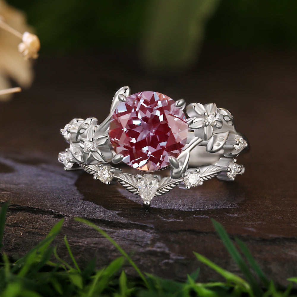 2.99Ct Round Cut Lab Alexandrite Flower Engagement Ring Curved Wedding Band Nature Vines Bridal Set