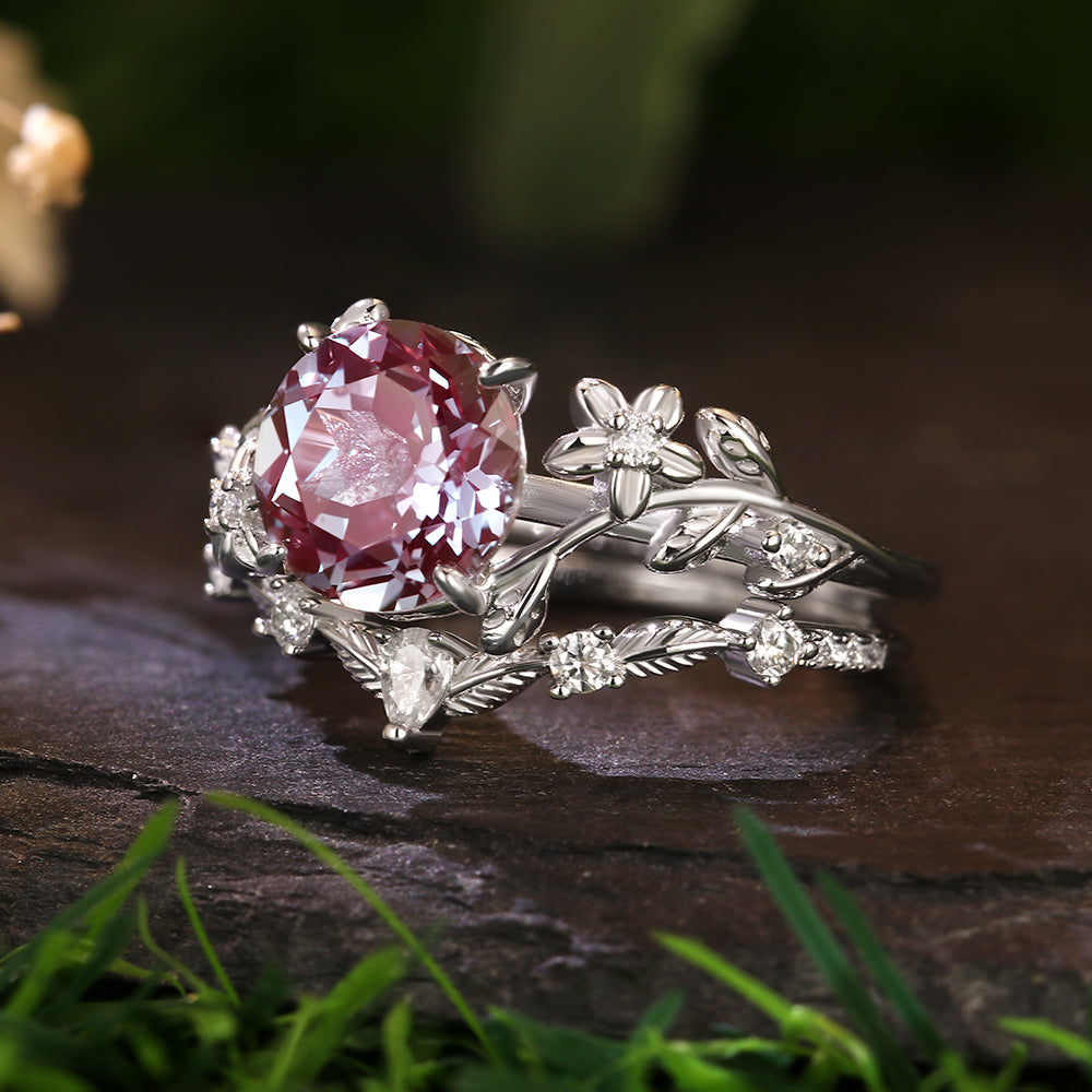 2.99Ct Round Cut Lab Alexandrite Flower Engagement Ring Curved Wedding Band Nature Vines Bridal Set