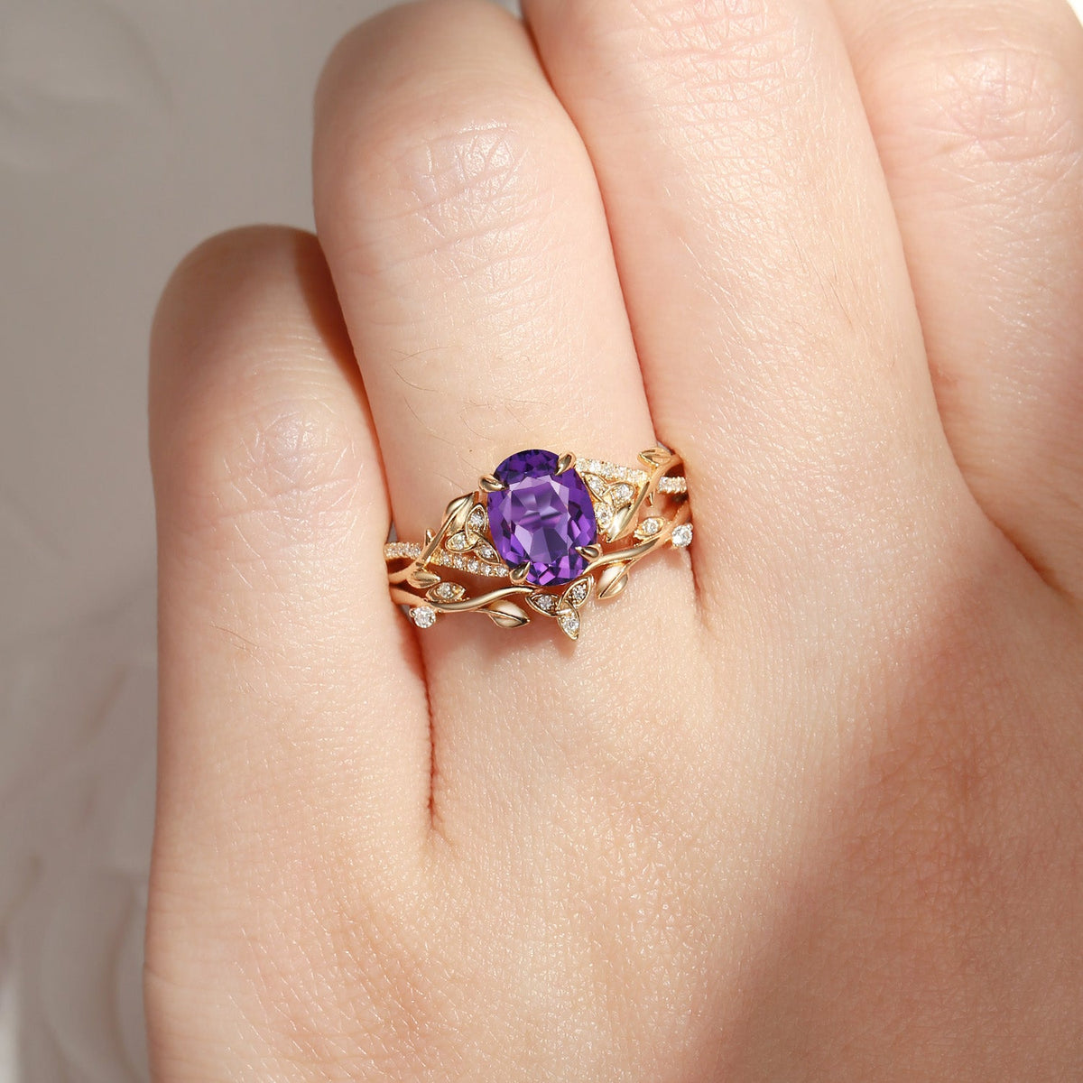 Celtic Calendar | 1.21-2.17 | Oval Amethyst Nature Inspired Rowan Leafy Infinity Celtic Ring Set 2pcs