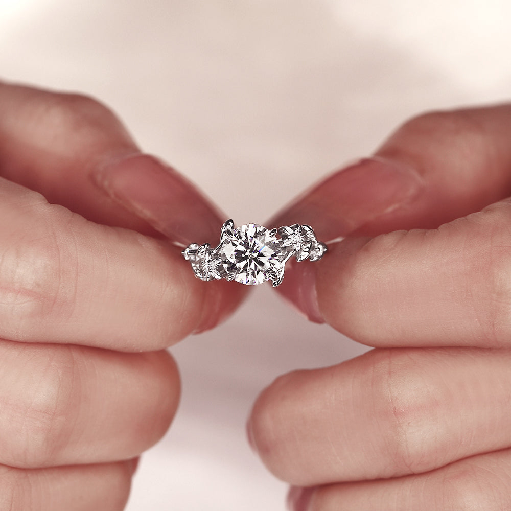 2.04Ct Round Cut Moissanite with Floral Motif Accents Vintage Romantic Engagement Ring