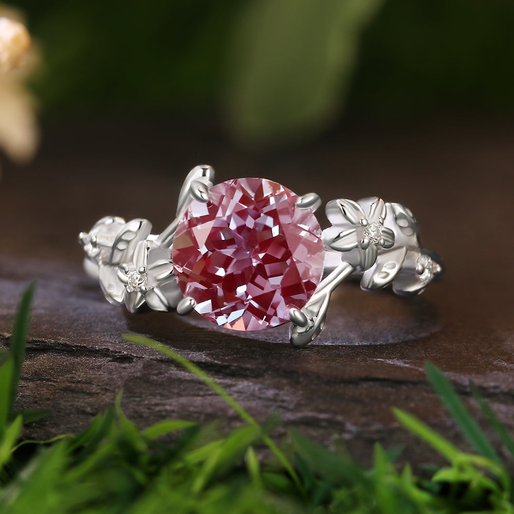 2.82Ct Round Cut Lab Alexandrite with Floral Motif Accents Vintage Romantic Engagement Ring