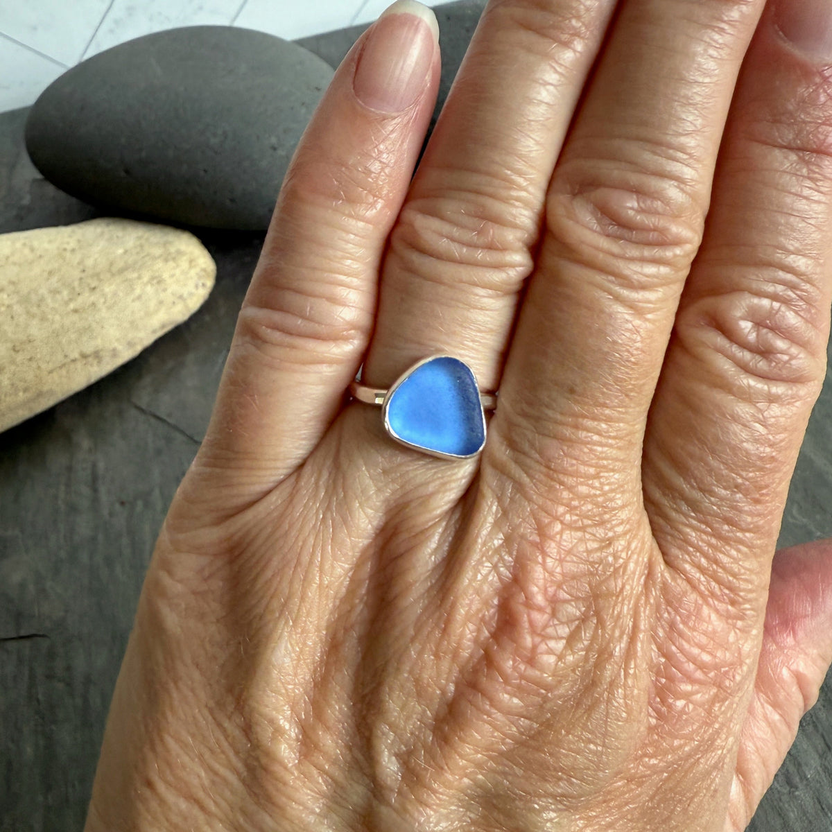 Dainty Cornflower Blue Sea Glass Ring | Handmade | Sterling Silver | Size 6
