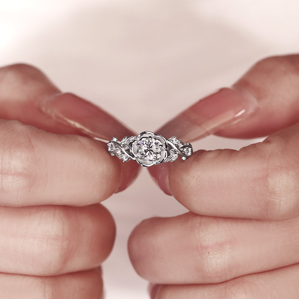 Nature Inspired 0.55CT Round Cut Moissanite Rose Flower Leaf Engagement Ring