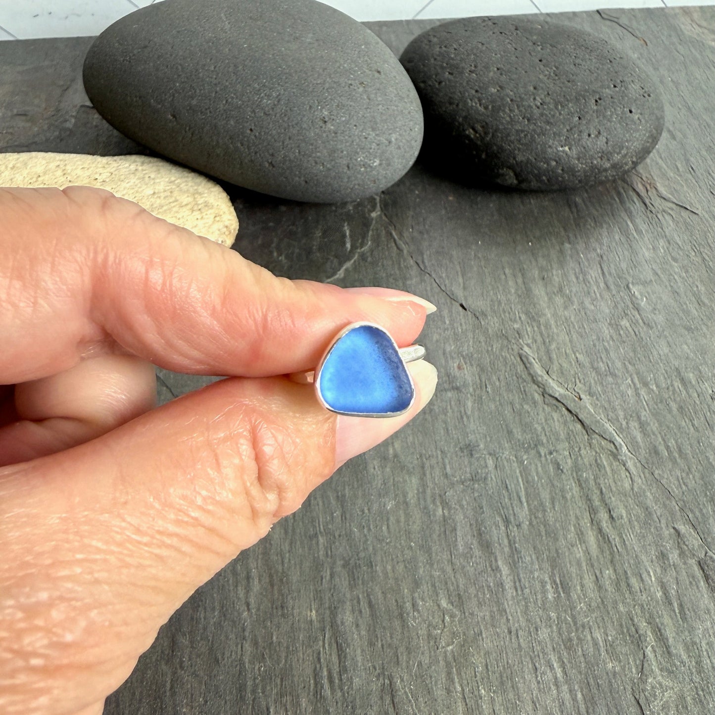 Dainty Cornflower Blue Sea Glass Ring | Handmade | Sterling Silver | Size 6