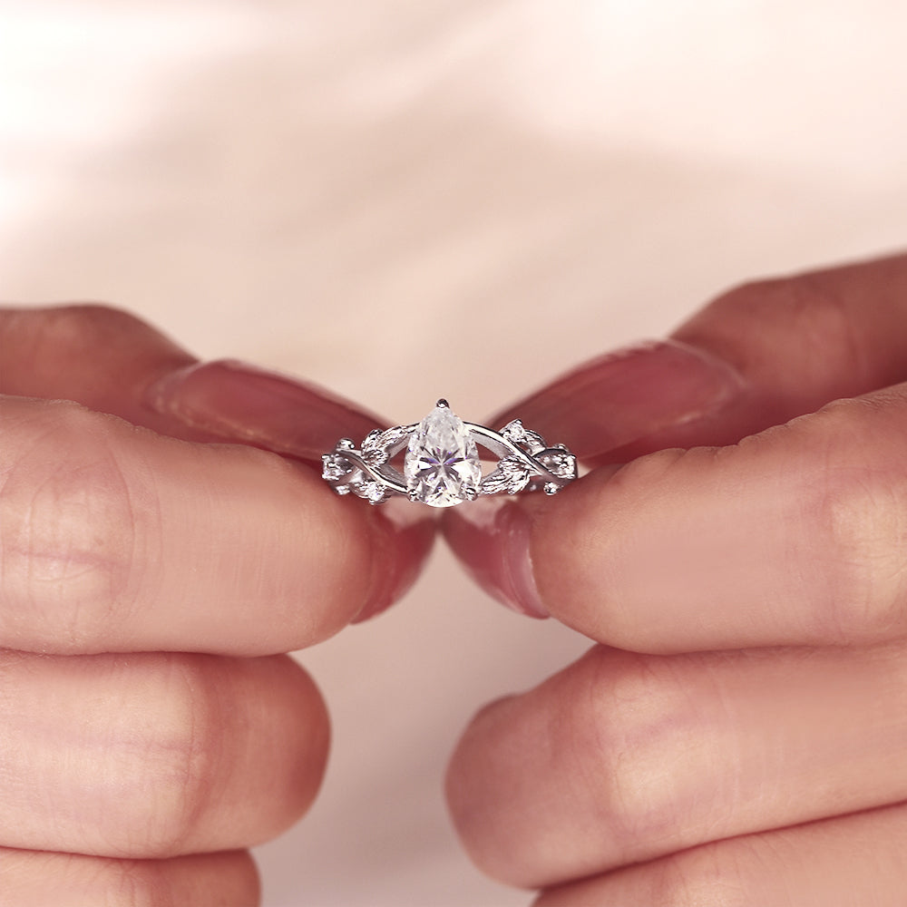 1.37ct Pear Cut Moissanite Engagement Ring, Nature Inspired Leaf & Vine Design