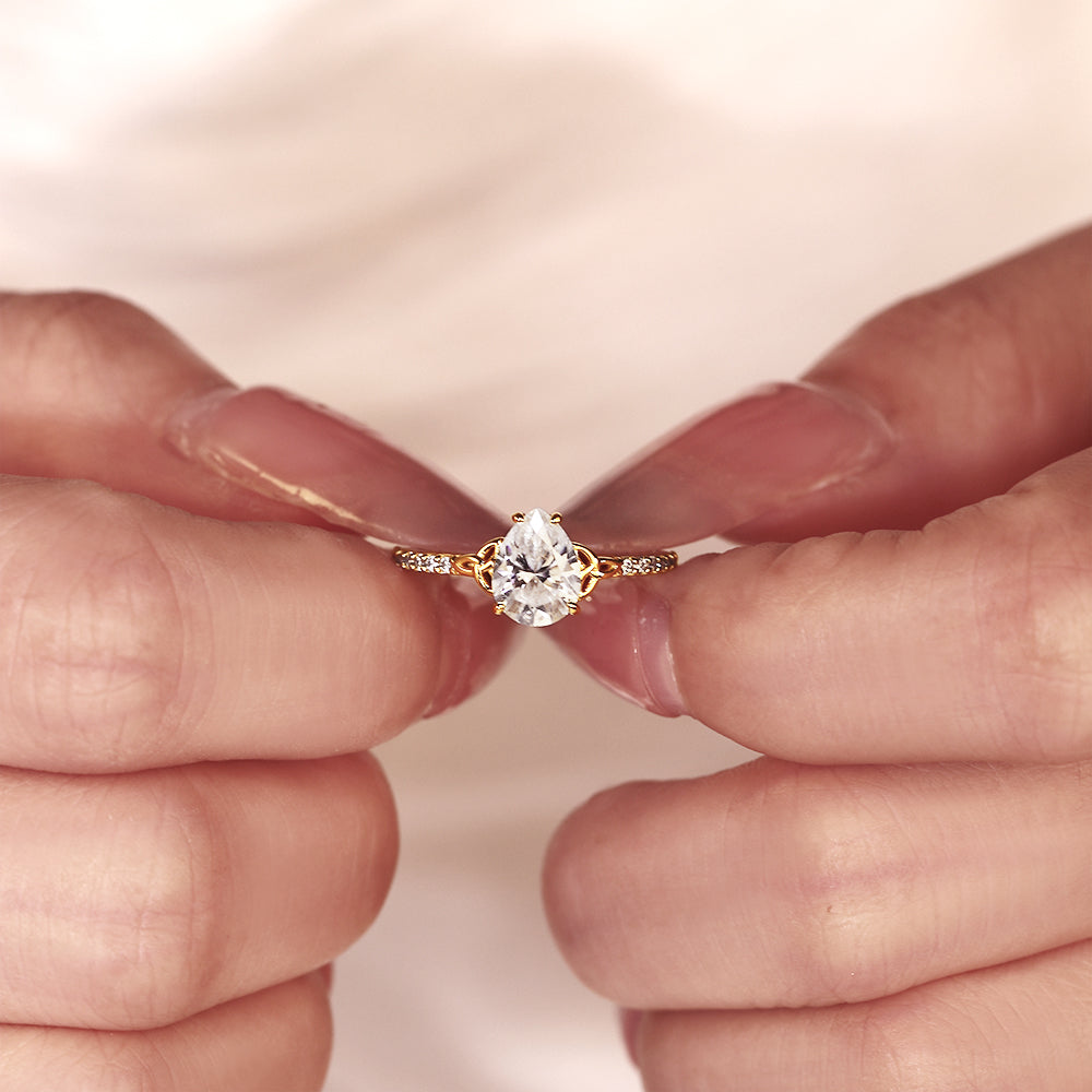Nature Inspired 1.42ct Pear Cut Moissanite Engagement Ring, Celtic Knot Accents