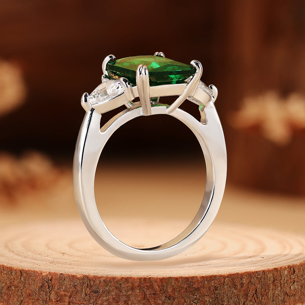 4.14CT Emerald Cut Lab Emerald Three Stone with Trillion Side Stones Ring