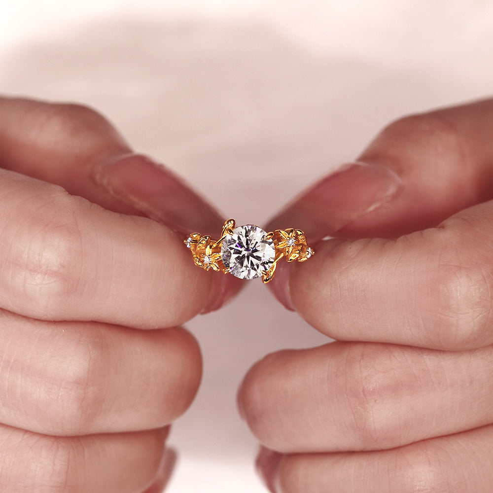 2.04Ct Round Cut Moissanite with Floral Motif Accents Vintage Romantic Engagement Ring