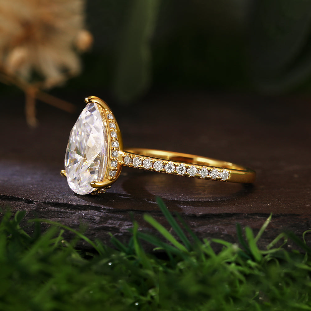 2.51 Ct Pear Cut Hidden Halo Engagement Ring with Pave Band