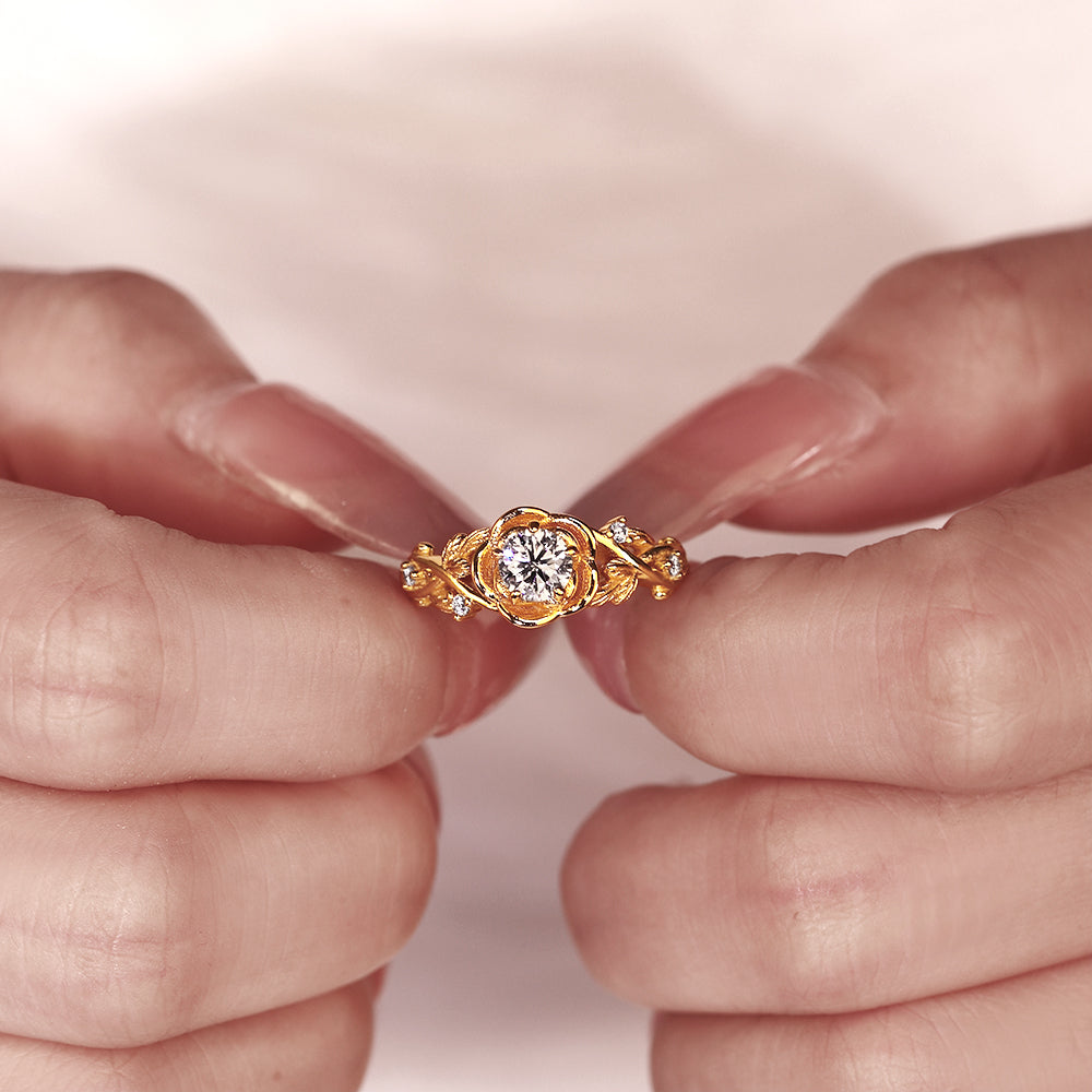 Nature Inspired 0.55CT Round Cut Moissanite Rose Flower Leaf Engagement Ring