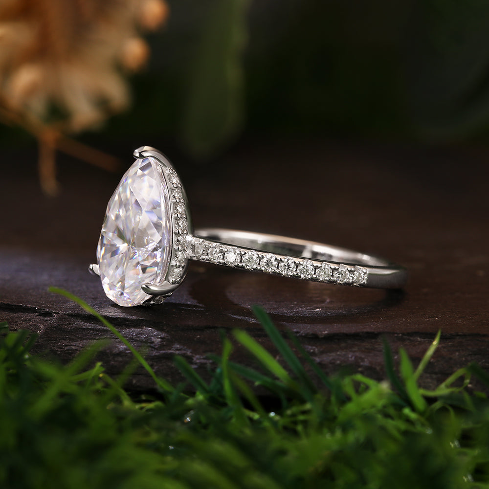 2.51 Ct Pear Cut Hidden Halo Engagement Ring with Pave Band