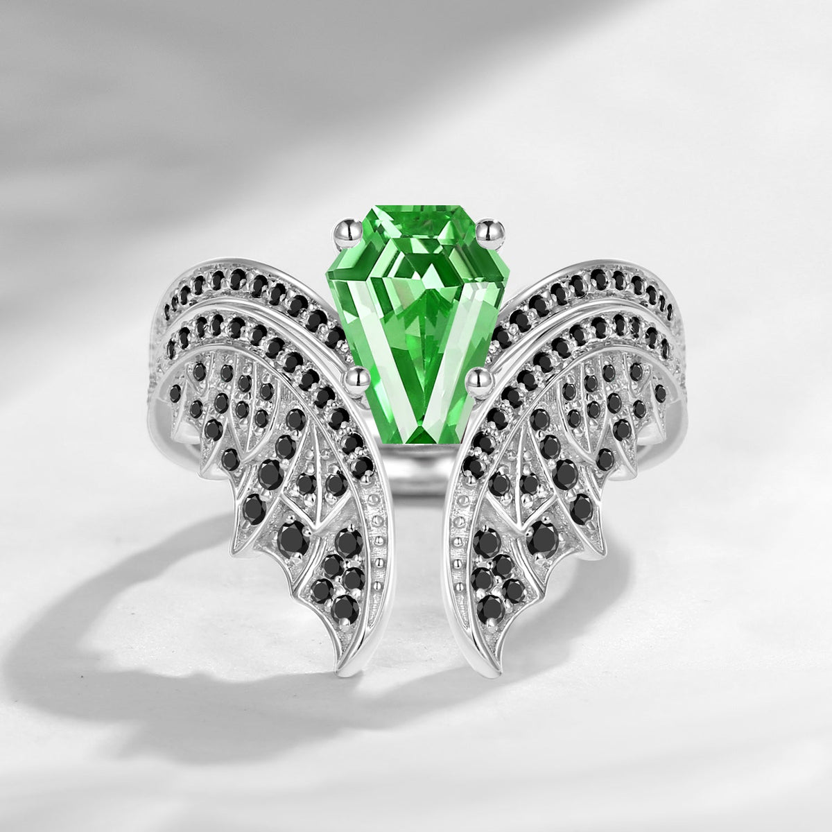Coffin Cut Lab Tsavorite Vintage Black Gold Bridal Set 2pcs - Bat Ring