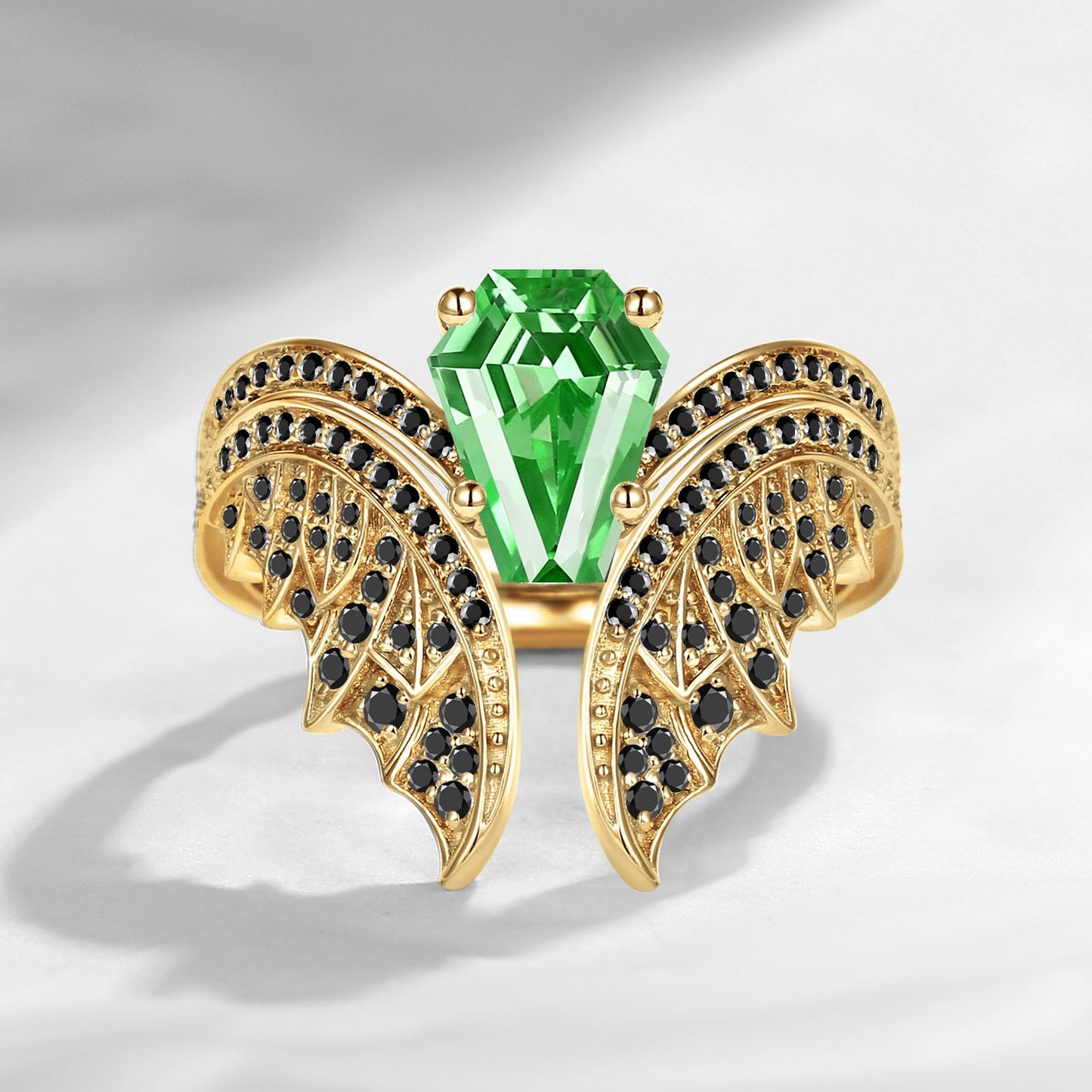 Coffin Cut Lab Tsavorite Vintage Black Gold Bridal Set 2pcs - Bat Ring