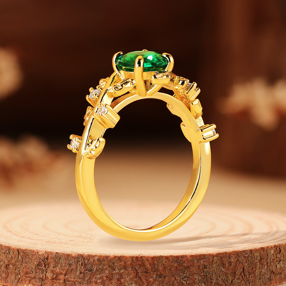 Nature Inspired Tree Branch 0.9CT Round Cut Lab Emerald Vine Leaf Engagement Ring