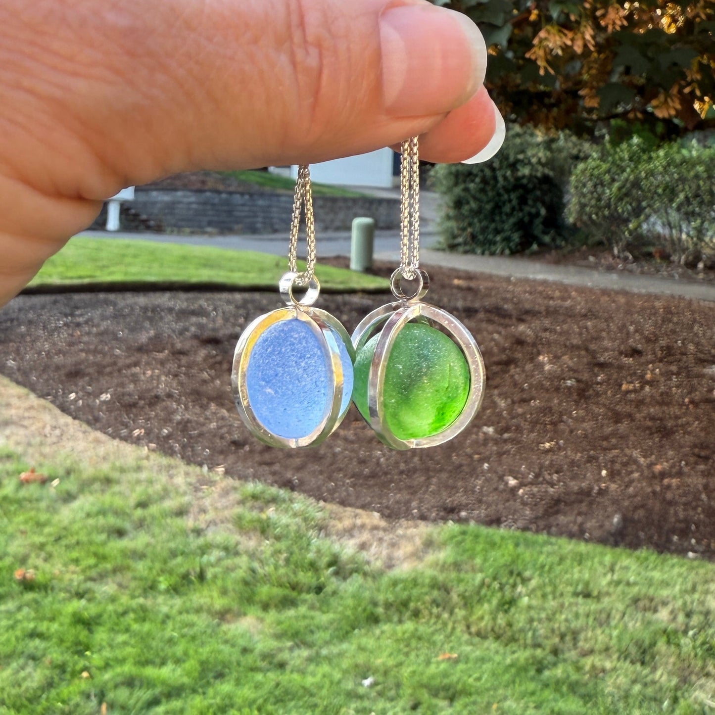 Green Blue Caged Sea Glass Marble Necklace | Sterling Silver | Handmade