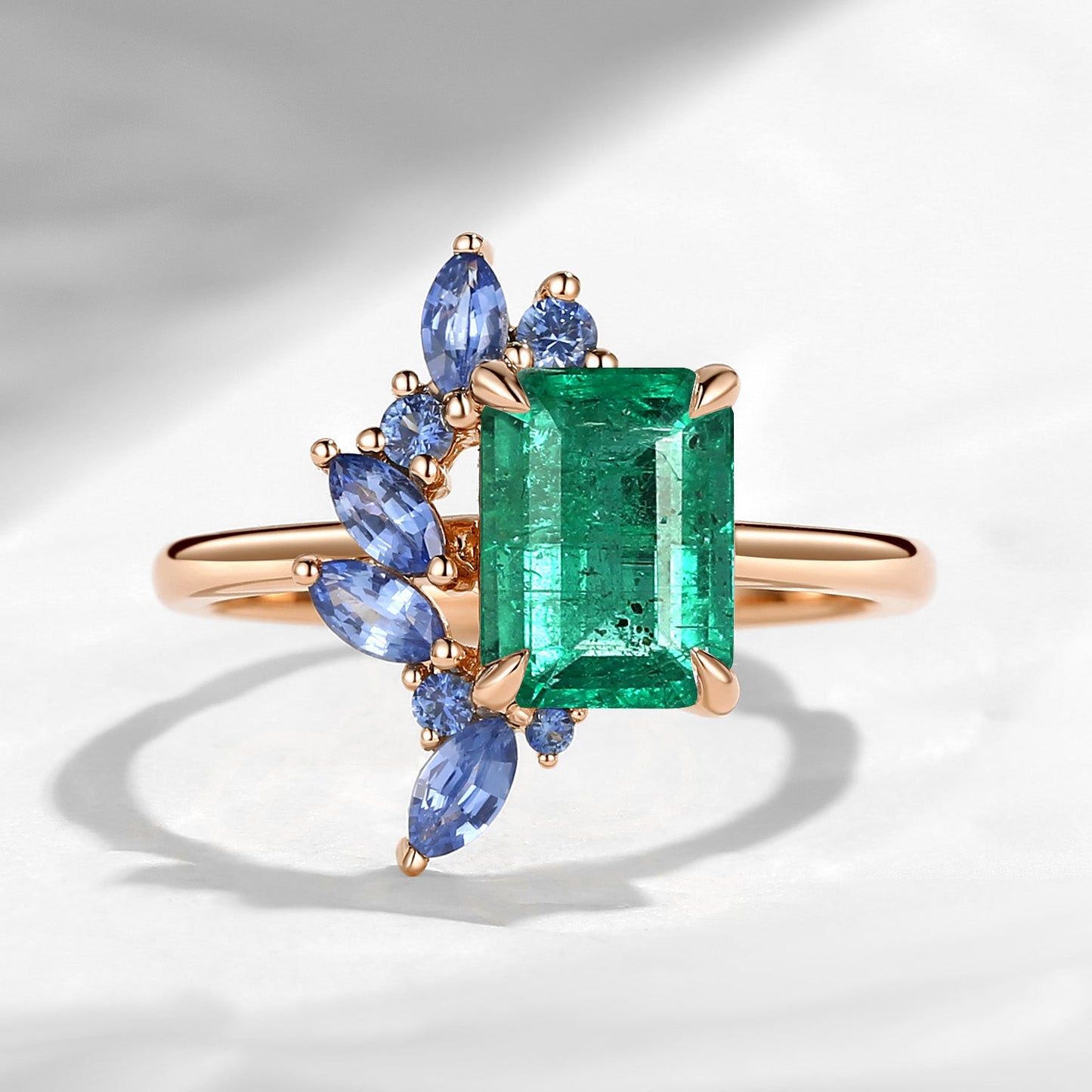 Cluster Emerald Cut Natural Emerald & Natural Sapphire Accents Engagement Ring
