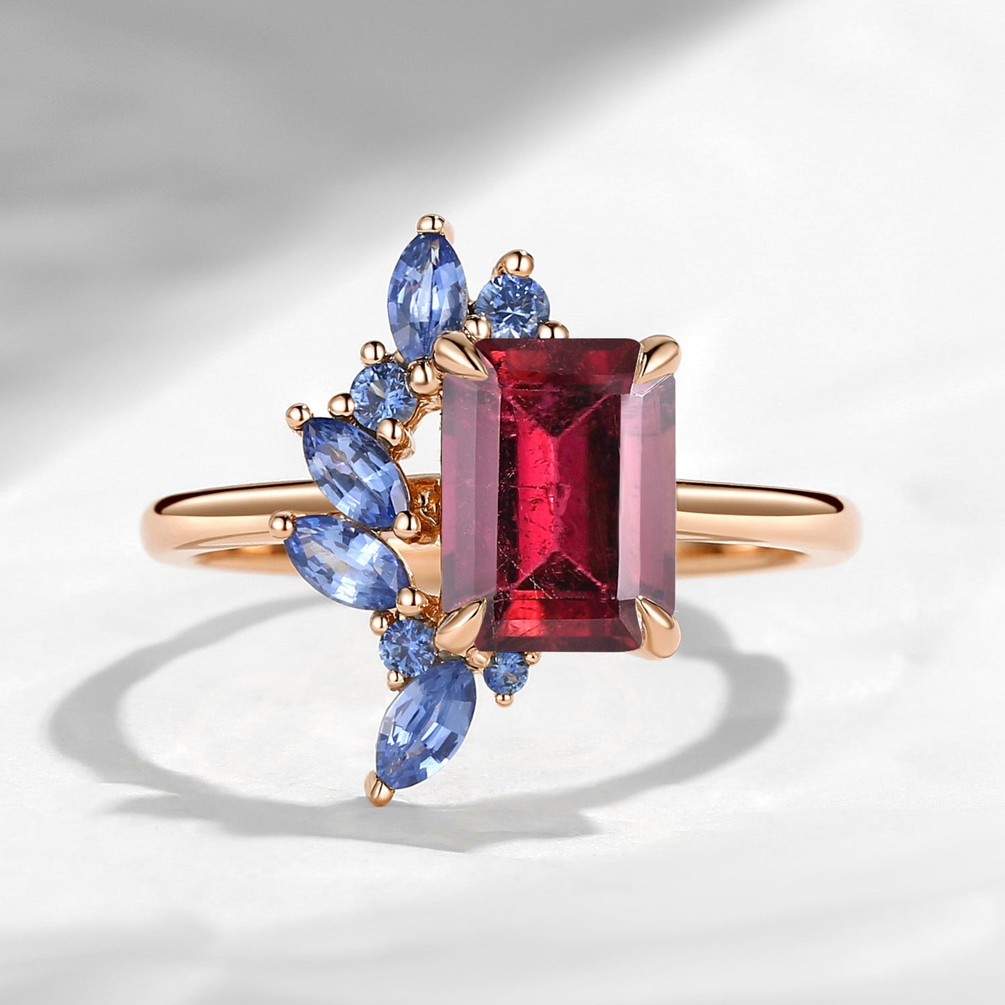 Cluster Emerald Cut Natural Pink Tourmaline Sapphire Accents Engagement Ring