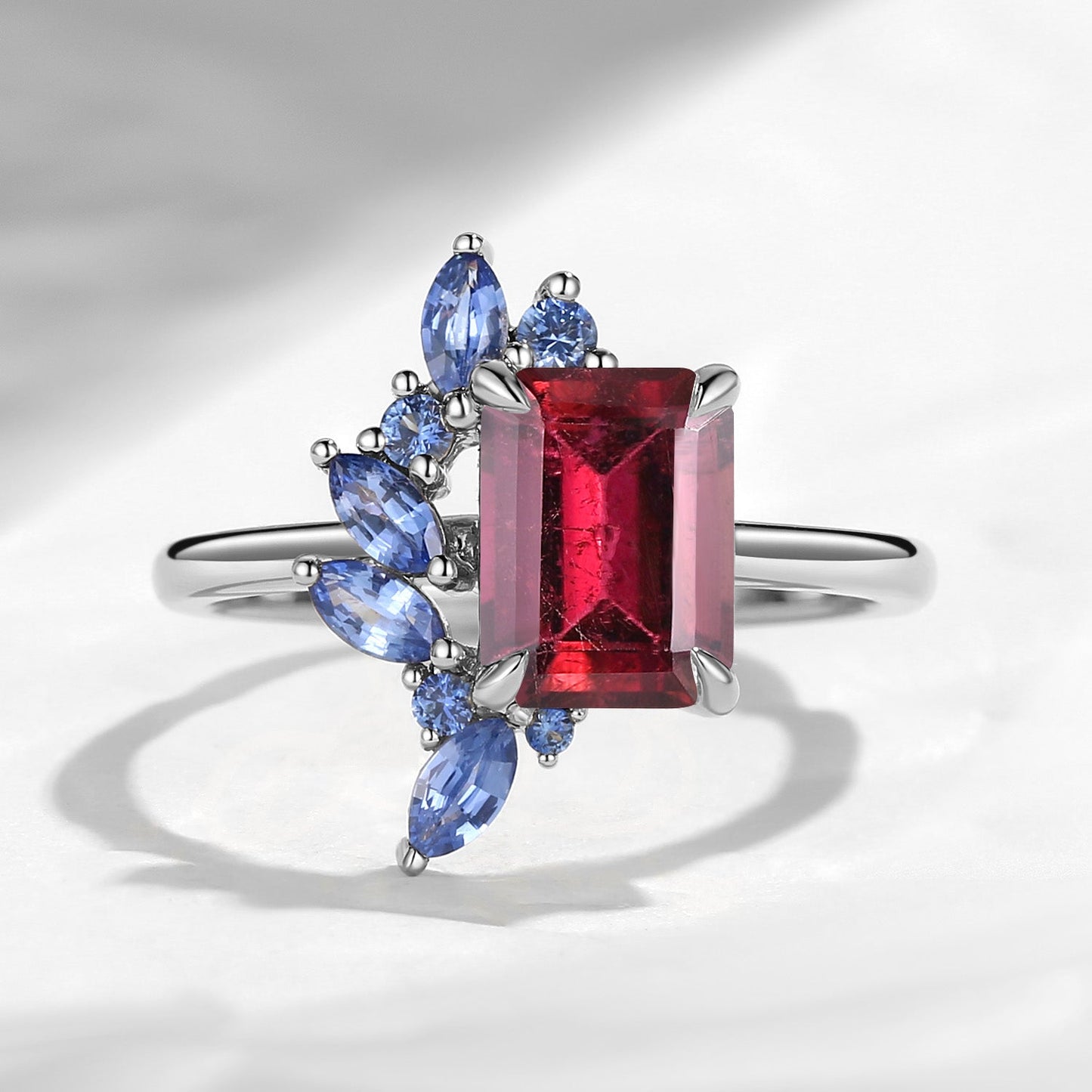 Cluster Emerald Cut Natural Pink Tourmaline Sapphire Accents Engagement Ring