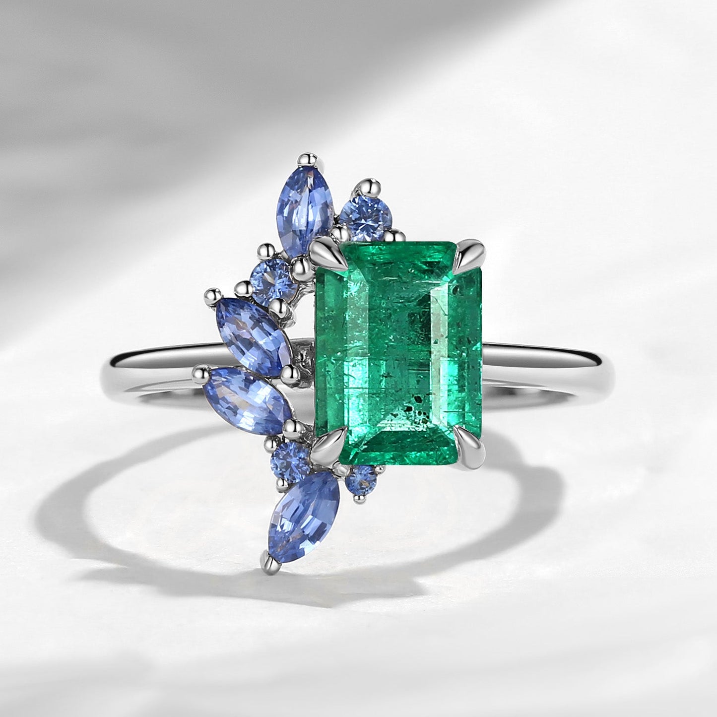 Cluster Emerald Cut Natural Emerald & Natural Sapphire Accents Engagement Ring